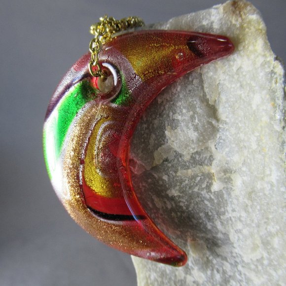 Crescent Moon Pendant, Hand Poured Art Glass Necklace - Picture 1 of 6